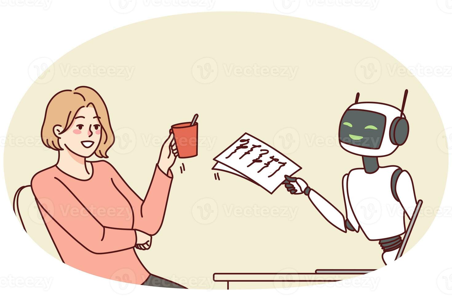 Smiling woman talking with robotic assistant on computer photo