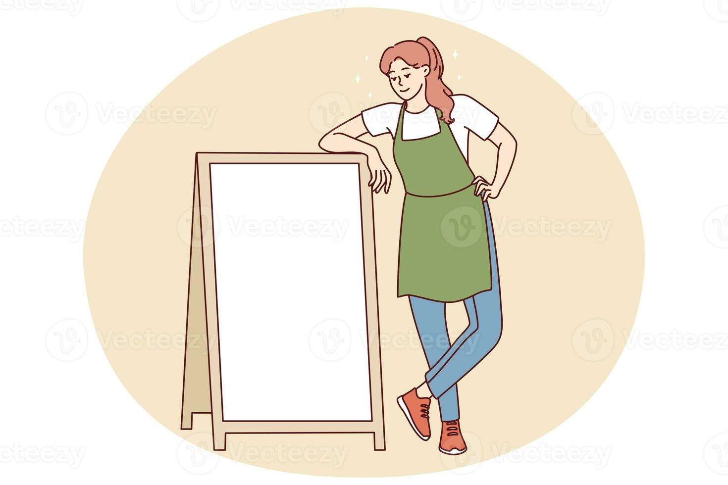 Smiling waitress near mockup board photo