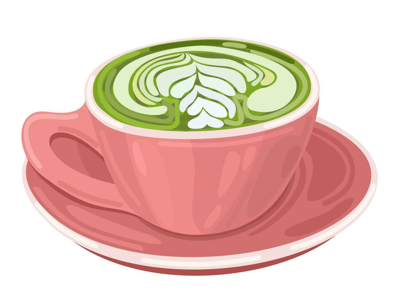 Matcha. Japanese powdered green tea in pink cup. Vector isolated illustration