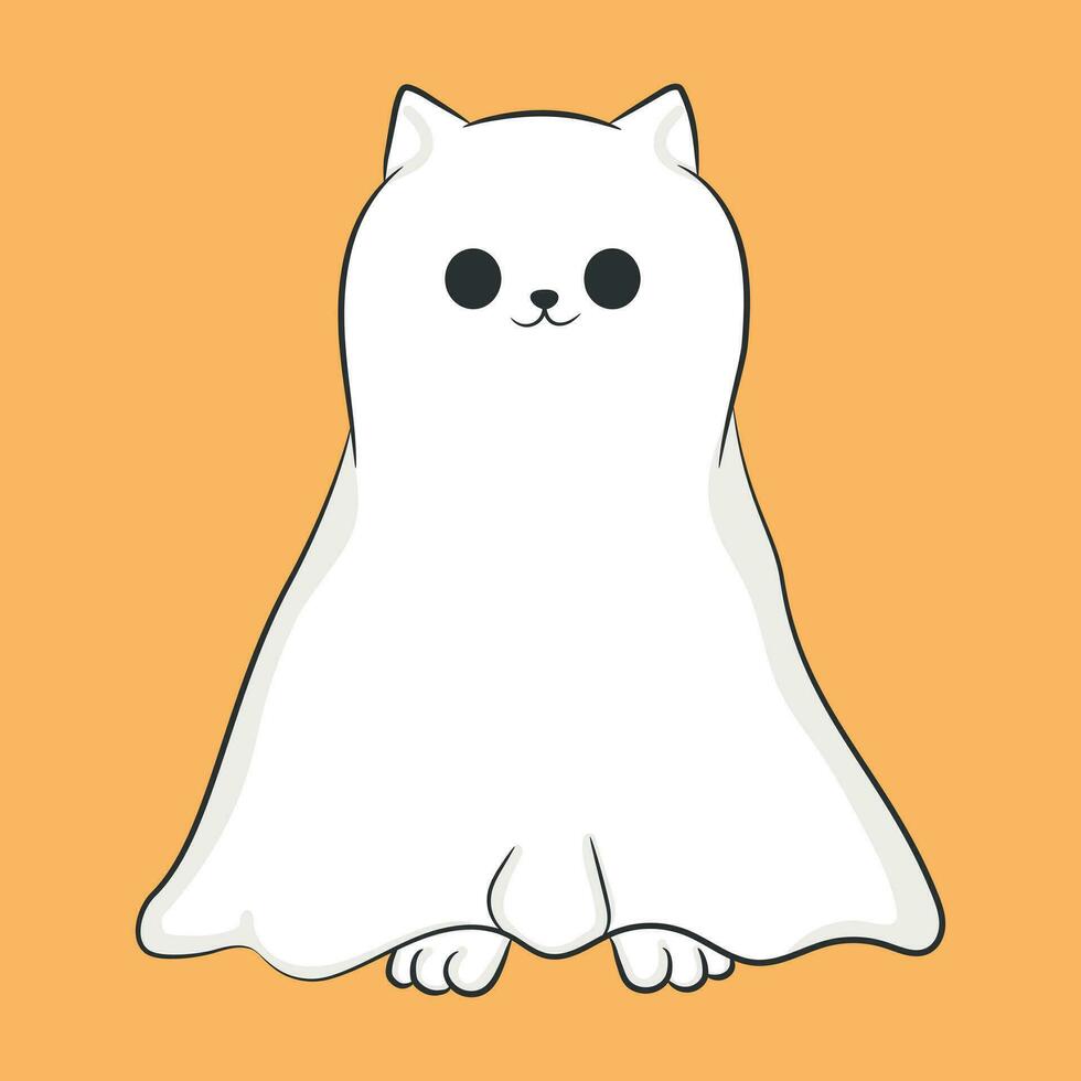 Hand drawn ghost cat. Cat in a ghost sheet. Halloween holiday theme. Vector illustration