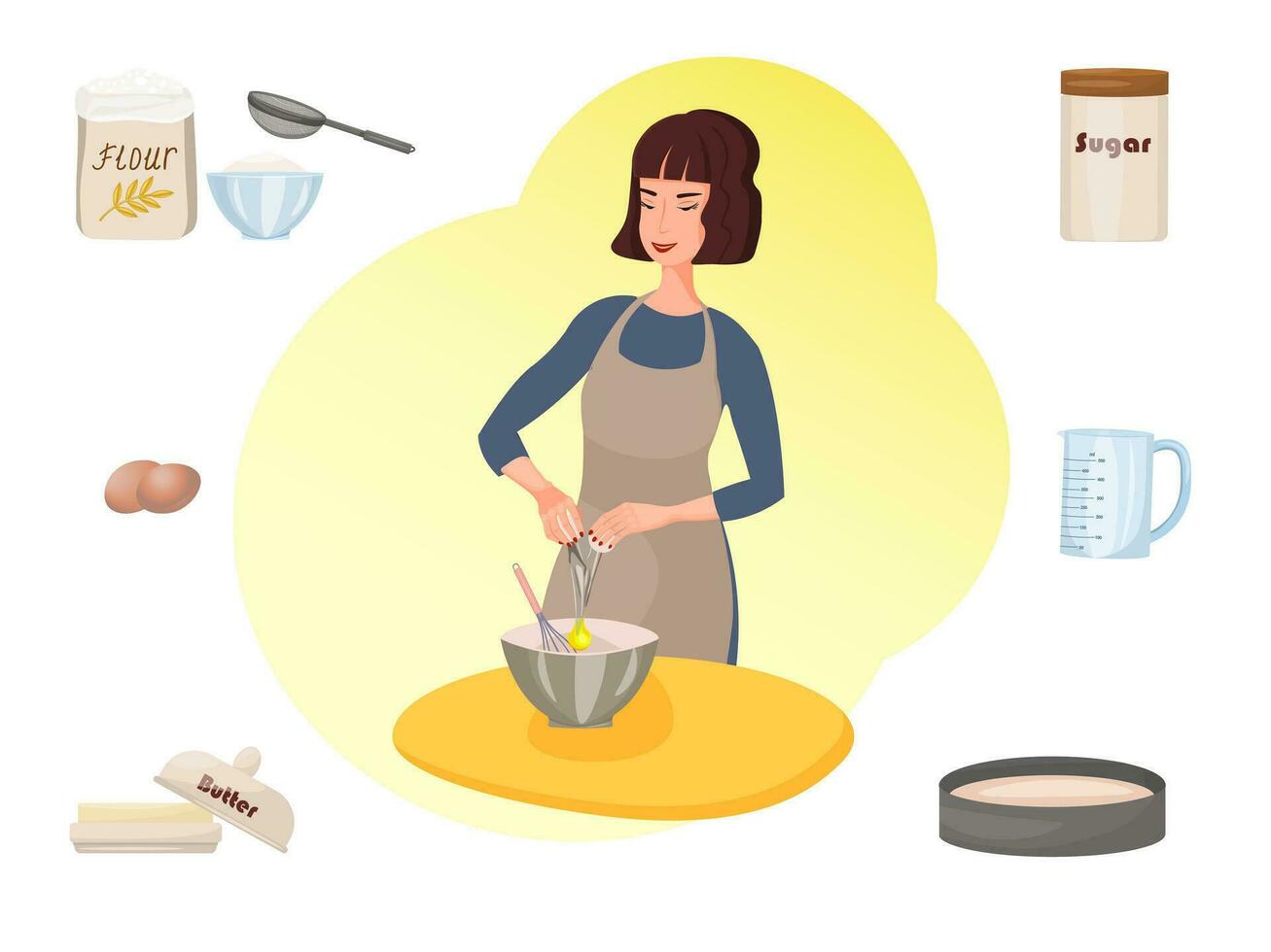 un mujer hornea un pastel. el Pastelería cocinero late el huevos con un batidor. ingredientes para el tarta. panadería herramientas. panadería y confitería vector ilustración