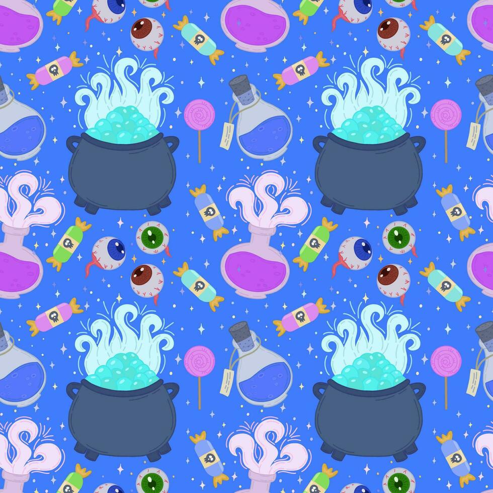 Vector seamless pattern for Halloween. Icons with potions, eyes, candies, lollipops for Halloween. Design elements, posters, book cover backgrounds, desktop wallpapers, design, graphics, invitations.