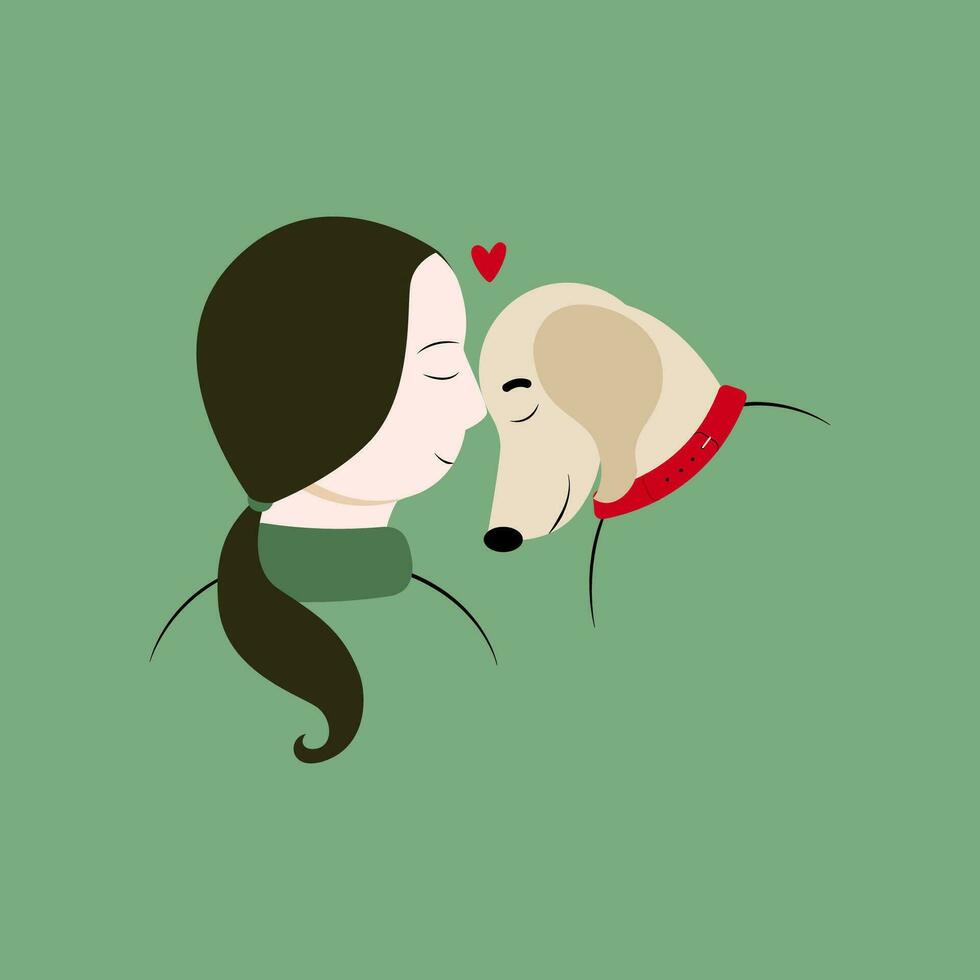 A smiling girl and a dog hugging tenderly. Pet lovers concept. Vector flat illustration.