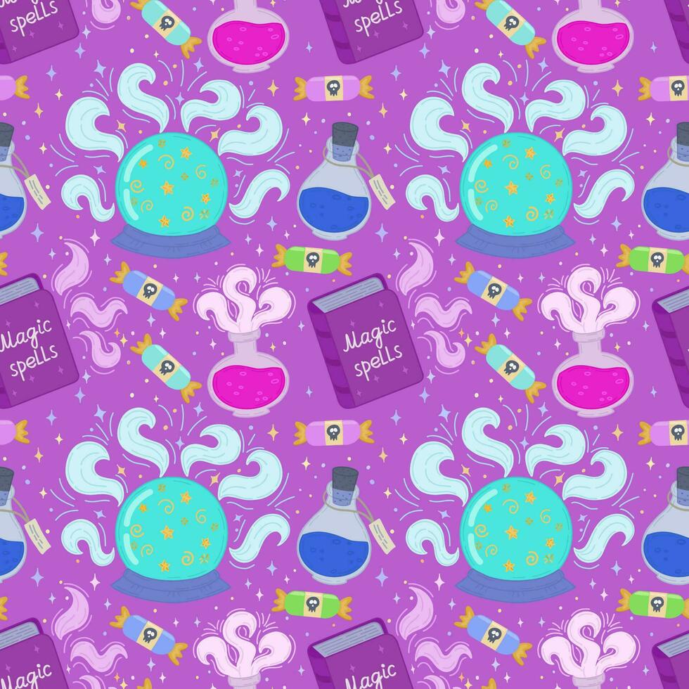 Vector seamless pattern for Halloween.Badges with a magic ball, a book about magic, potions, Halloween candy.Design elements, posters, book cover backgrounds, wallpapers, design,graphics, invitations.