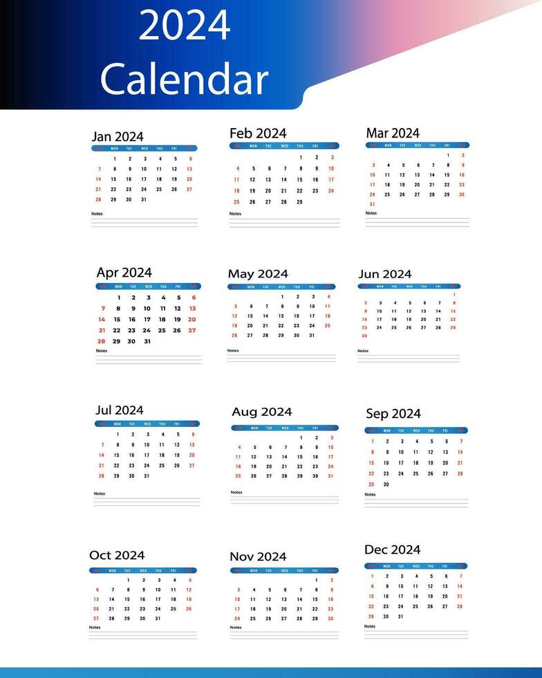 Monthly calendar template for 2024 year vector