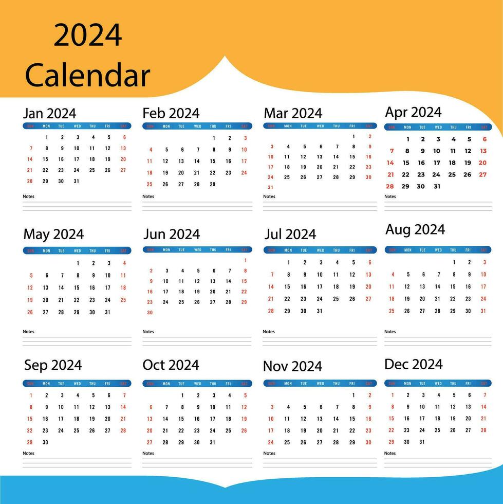 Monthly calendar template for 2024 year vector