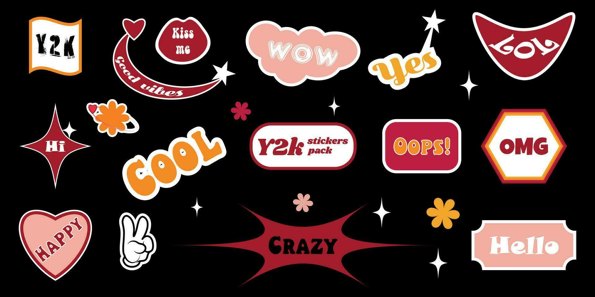 Y2K style sticker set. Groovy vector