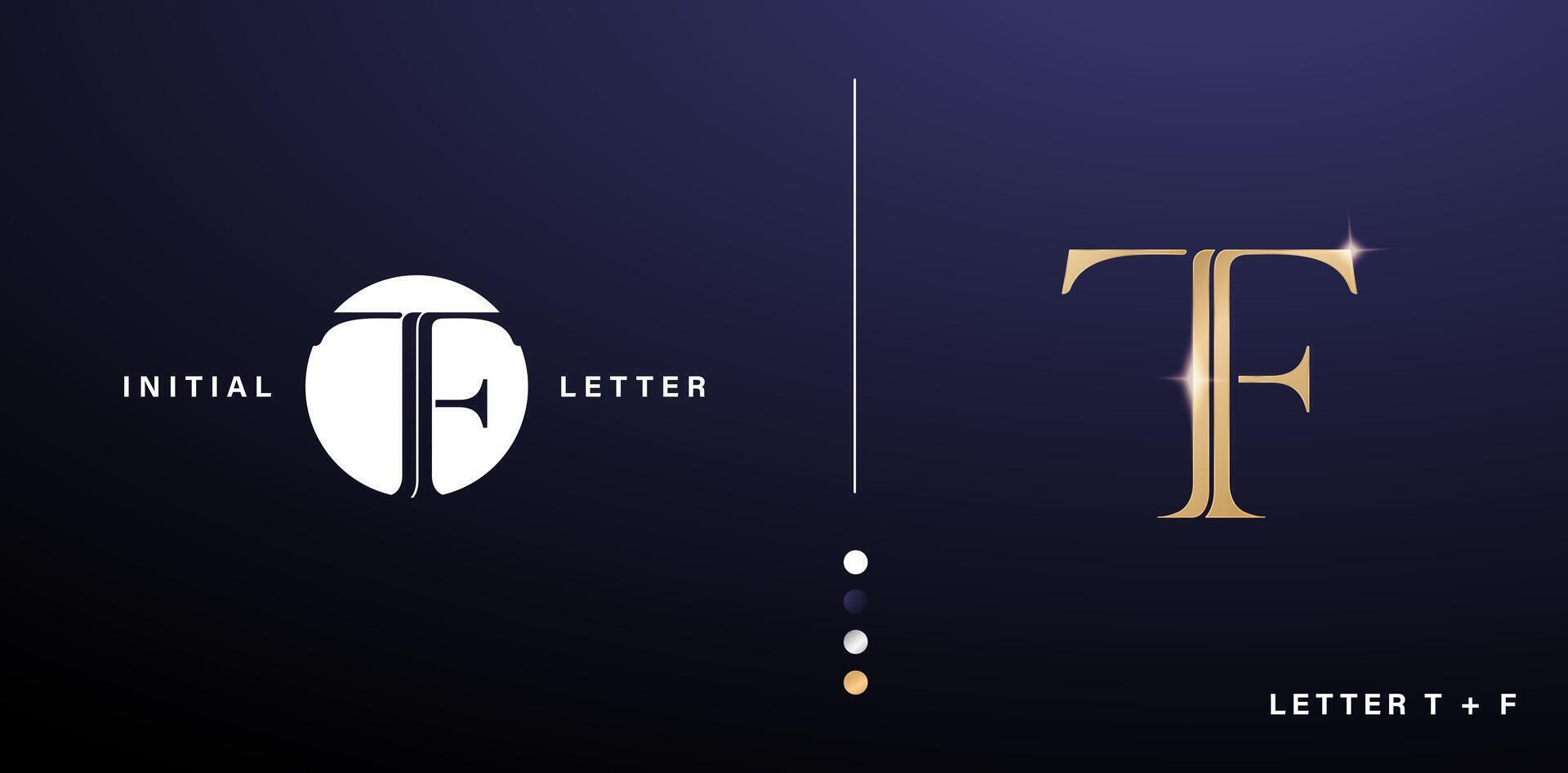 T and F letter logo design with blue and gold color for business and company identity, branding, advertisement materials golden foil, collages prints, ads campaigns, wedding invitation initial couples vector