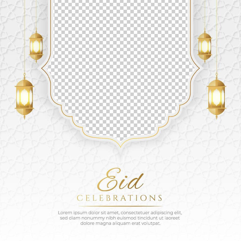eid Mubarak islámico saludo tarjeta social medios de comunicación enviar con Arábica estilo modelo y un foto marco vector