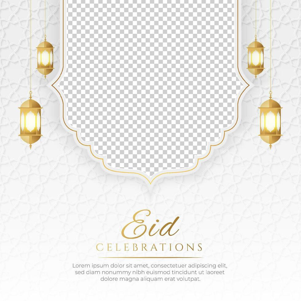 Eid Mubarak Islamic greeting card social media post with Arabic style pattern and a photo frame vector