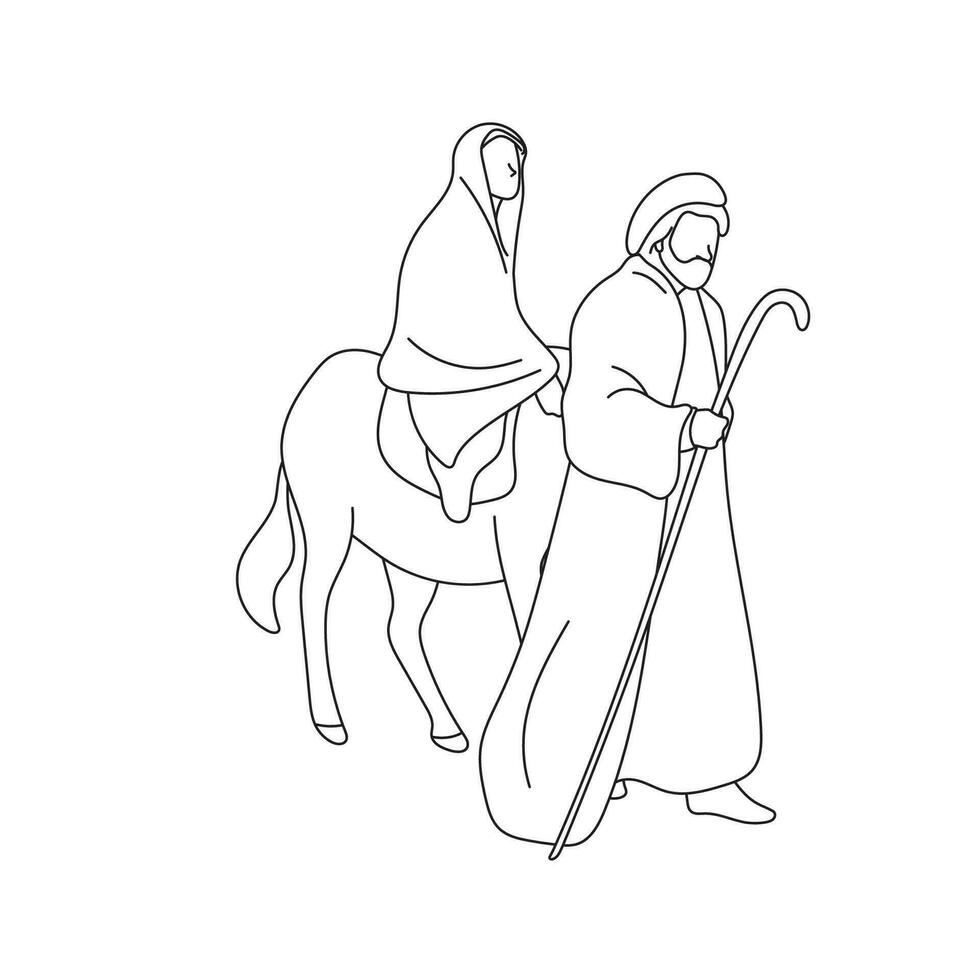 Joseph y embarazada María montando en Burro ilustración vector mano dibujado aislado en blanco antecedentes