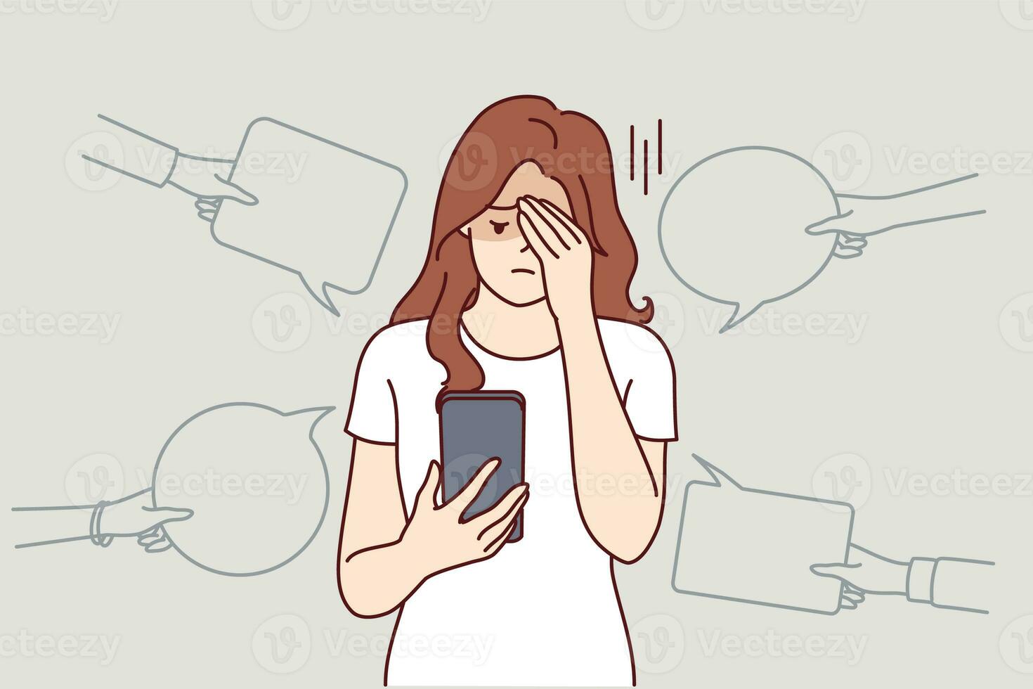 Upset woman with phone suffers from bullying and hate in internet, receiving offensive messages photo