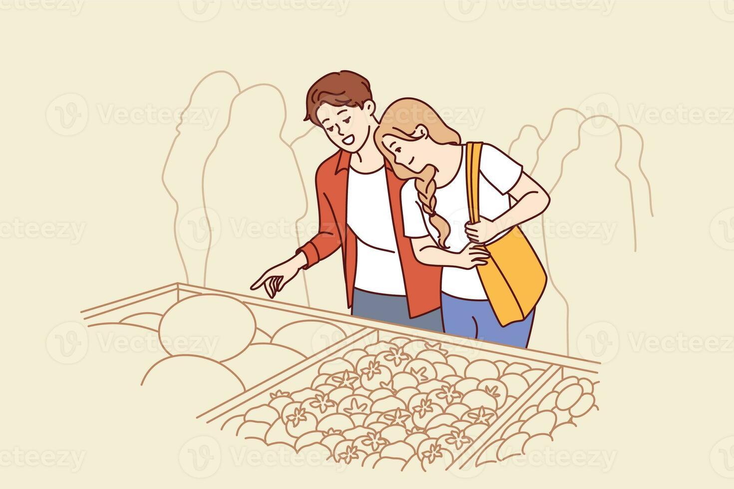 Man and woman do shopping at market and stand near crates of vegetables at farmers fair photo