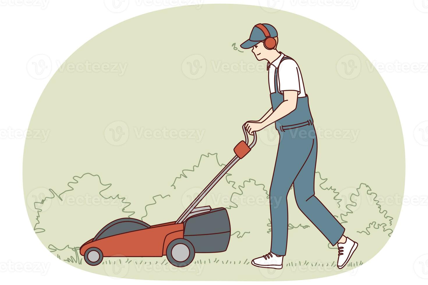 Man in uniform with lawn mower photo