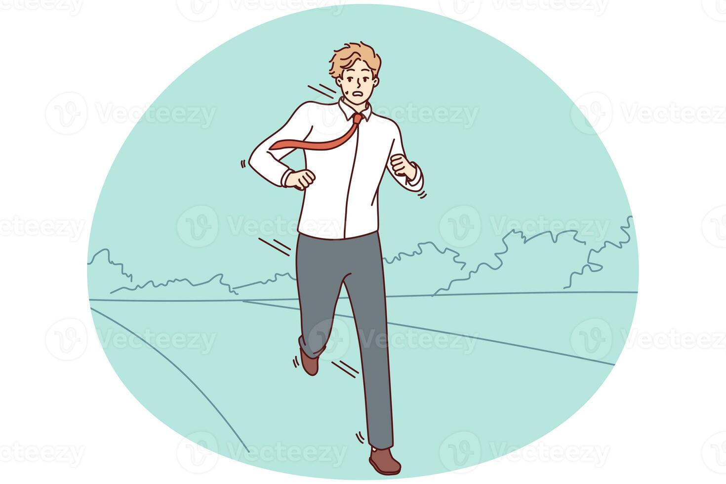 Stressed businessman running on road photo