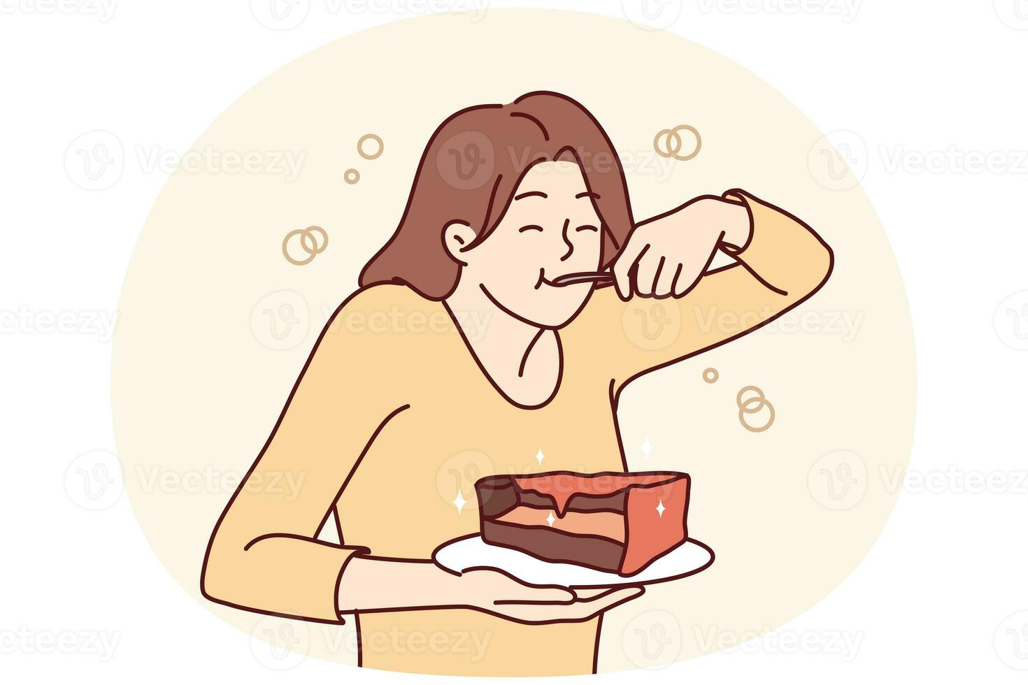 joven mujer comiendo chocolate pastel foto