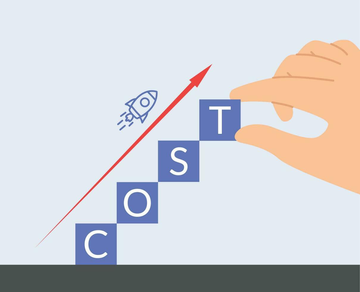 Hand placing a wooden cube with the word cost and white up arrow. Cost reduction concept vector