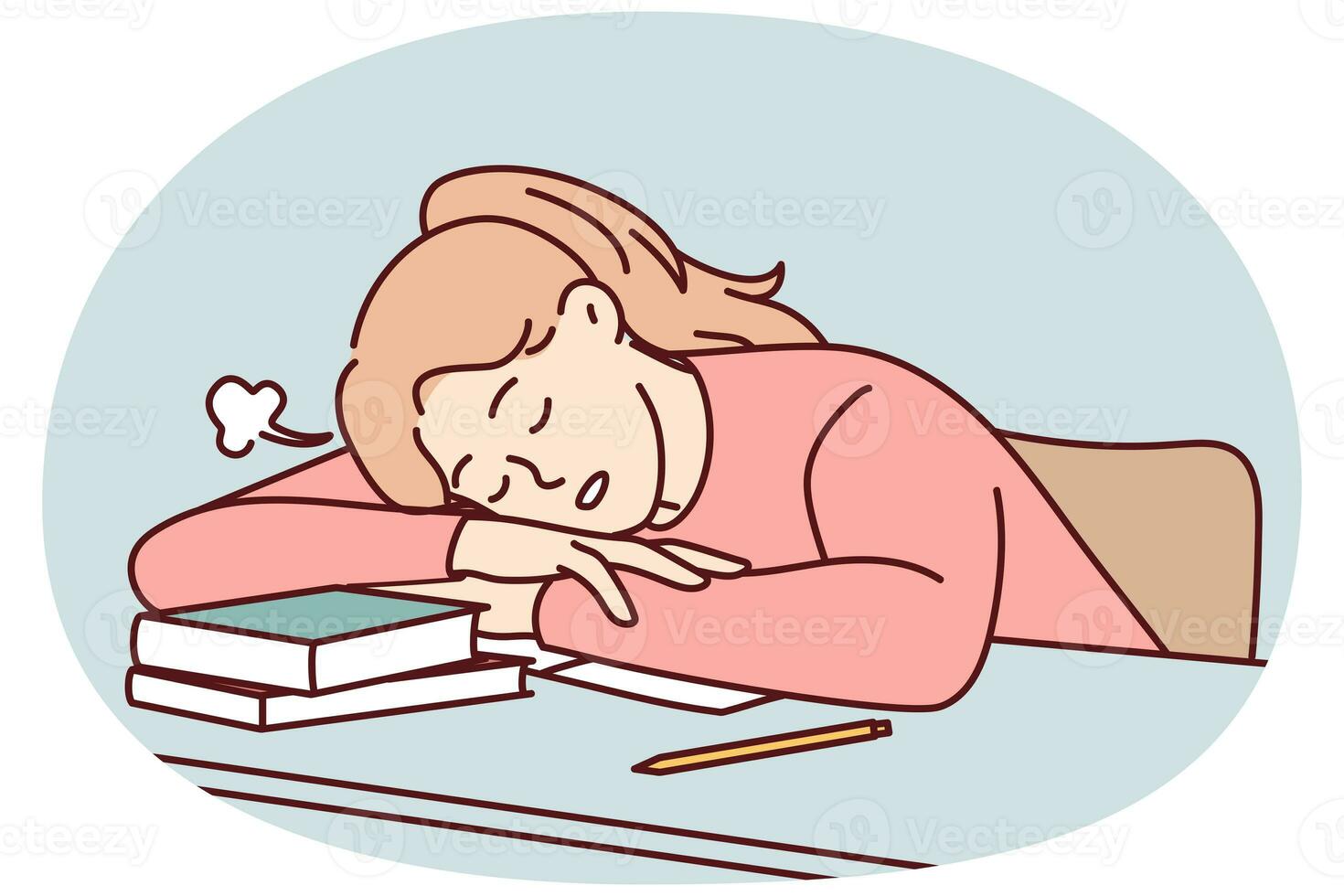 Exhausted student sleep on desk overwhelmed with studying photo