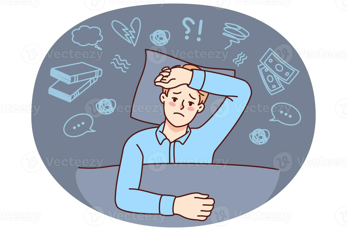 Unhappy man suffer from insomnia overthinking photo