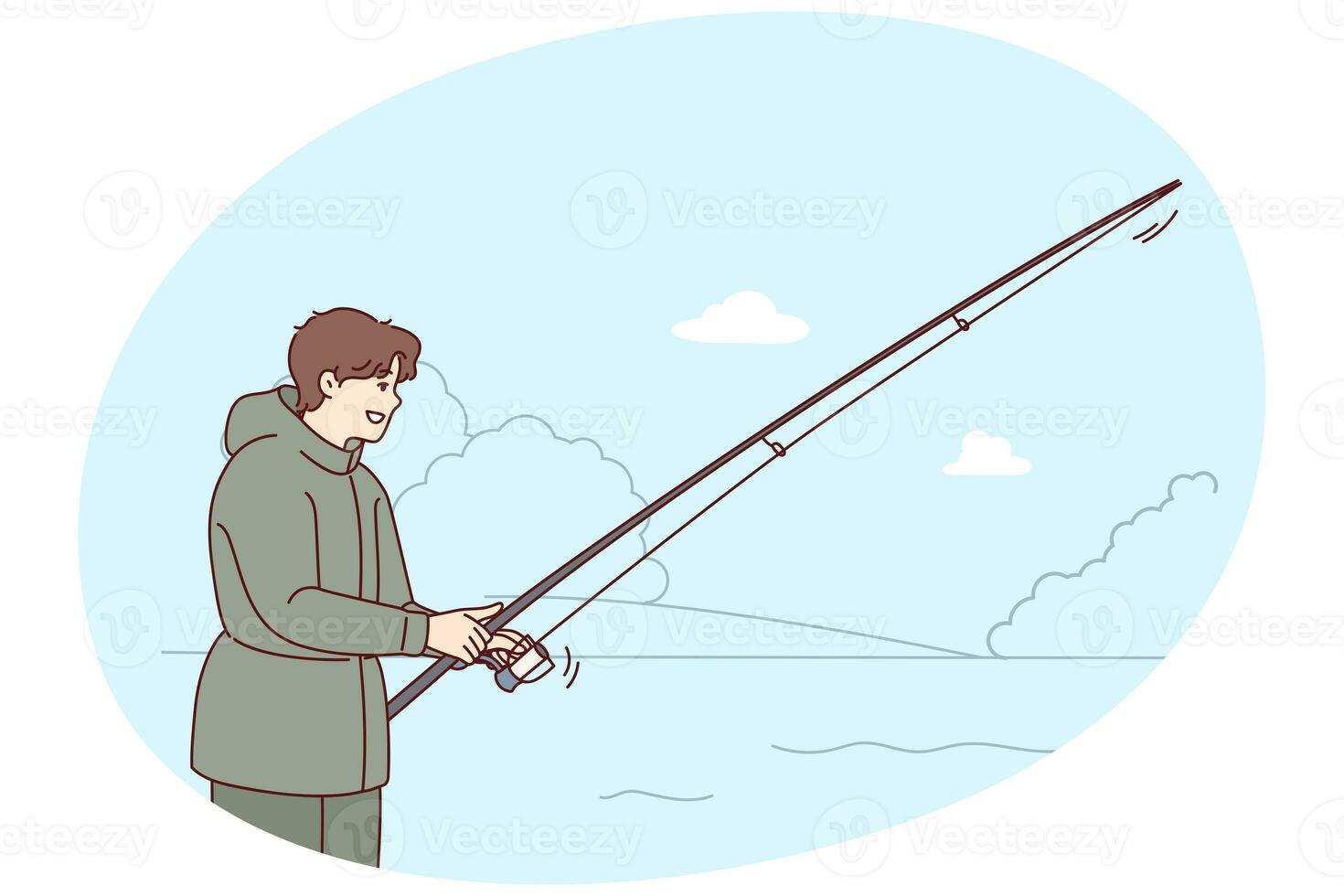 Smiling man with fishing rod outdoors photo