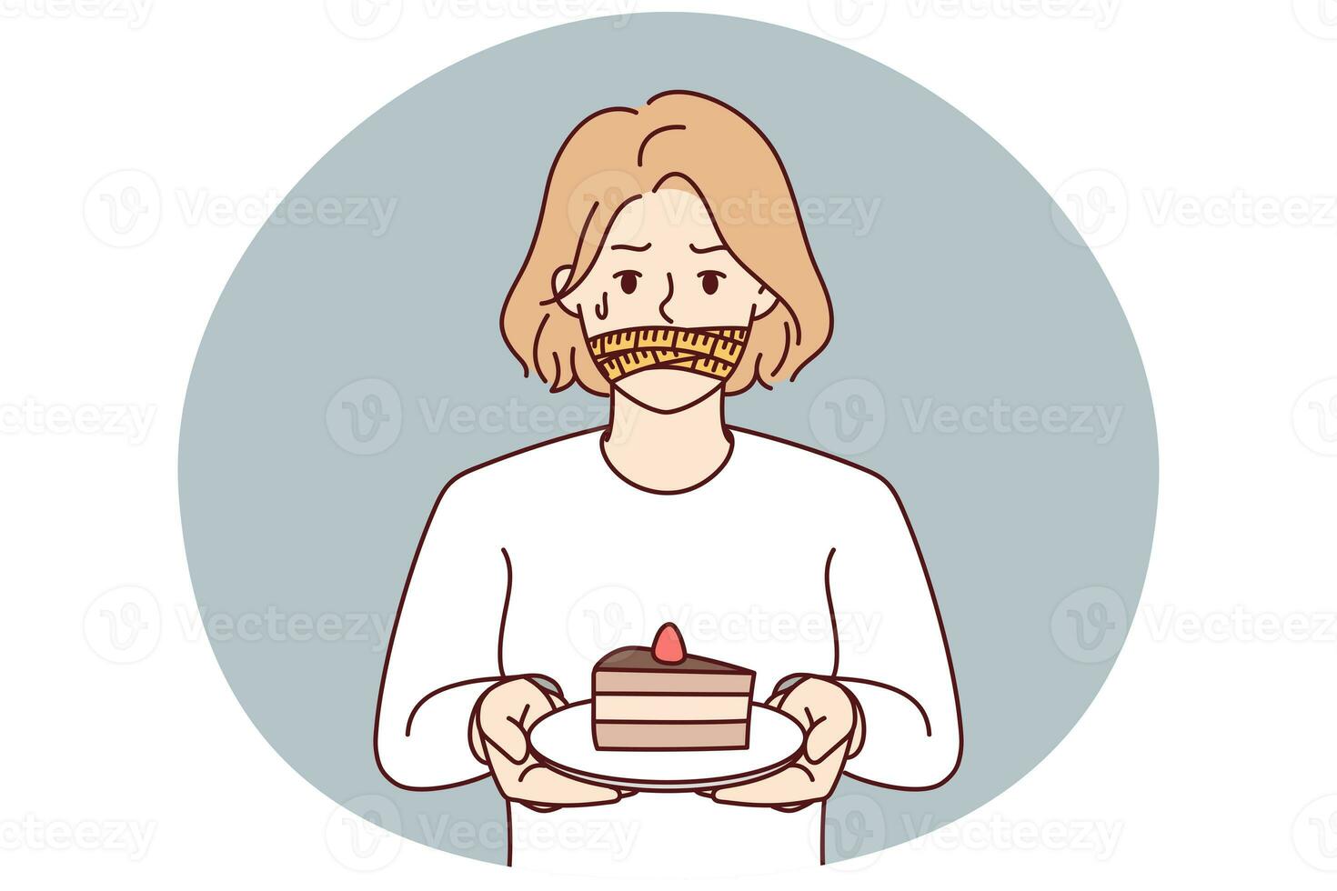 Unhappy woman cover mouth refuse from cake photo