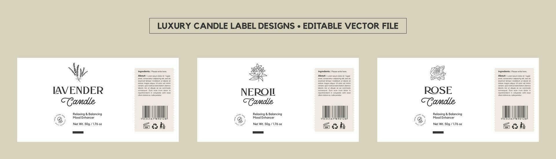 Luxury Candle Label Design Template, Minimal Label Packaging Design, Lavender Candle, Rose Candle, Neroli Scented Spa Candle Label Sticker Editable vector file for printing