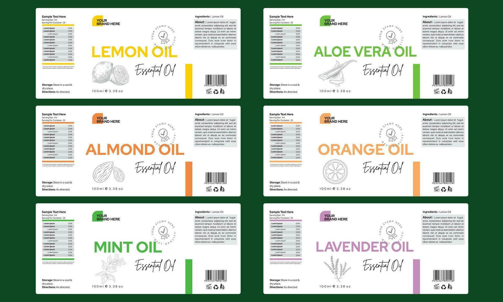 Essential oil labels design Set of bottle labels design, sticker lemon aloe vera almond orange mint lavender oil labels vector illustration