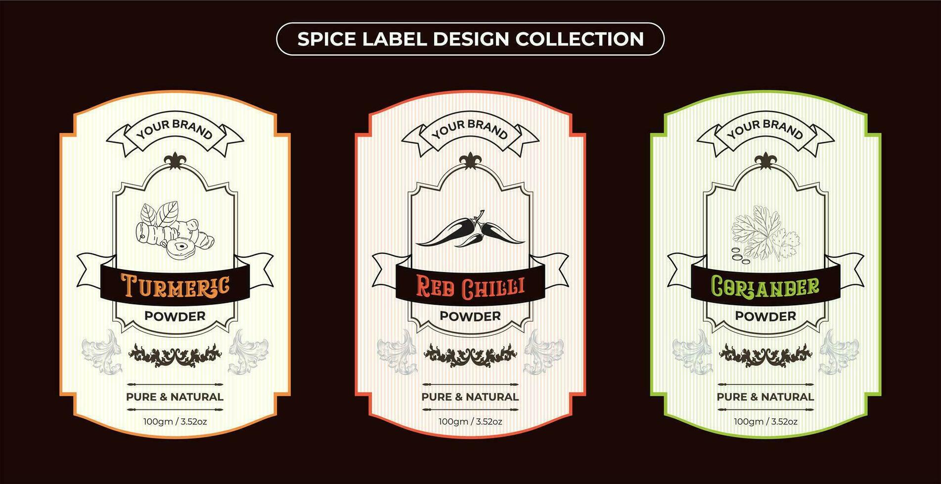 Set of vintage spice label design, vintage style, food, spices, Red Chilli Powder, Turmeric Powder, Coriander Powder. Pure and natural farm fresh, hand drawn vector illustration