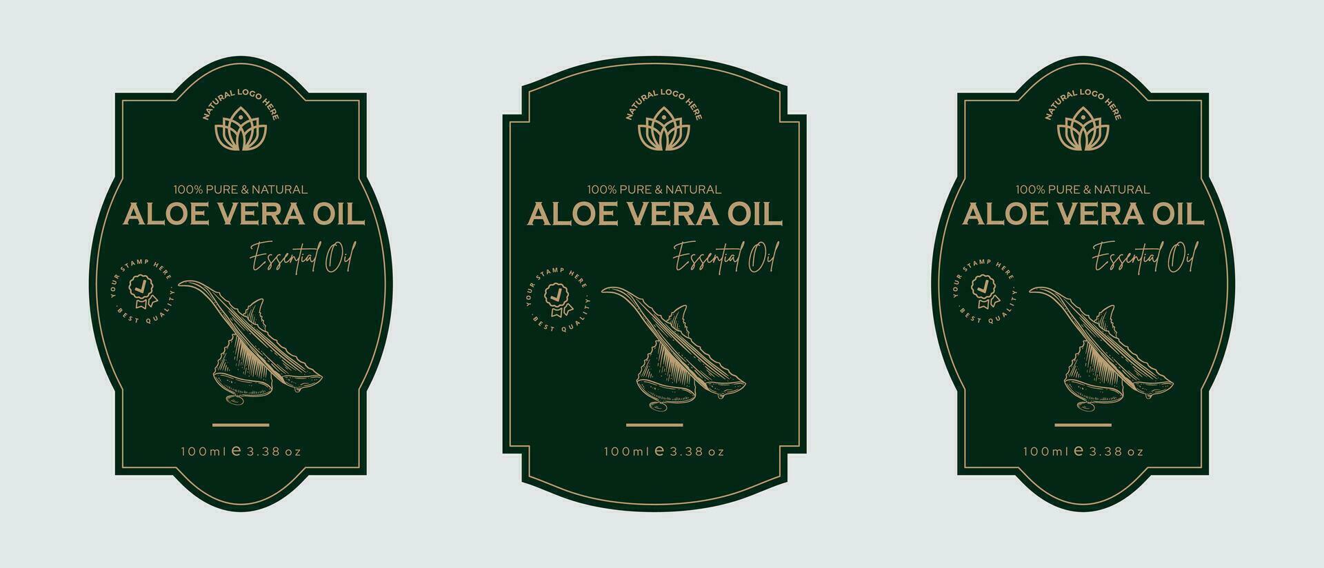 Aloe vera oil label design cosmetic products label for skin care and beauty, herbal ingredients. Labels with sketches, package emblem. Green gold premium vector illustration.