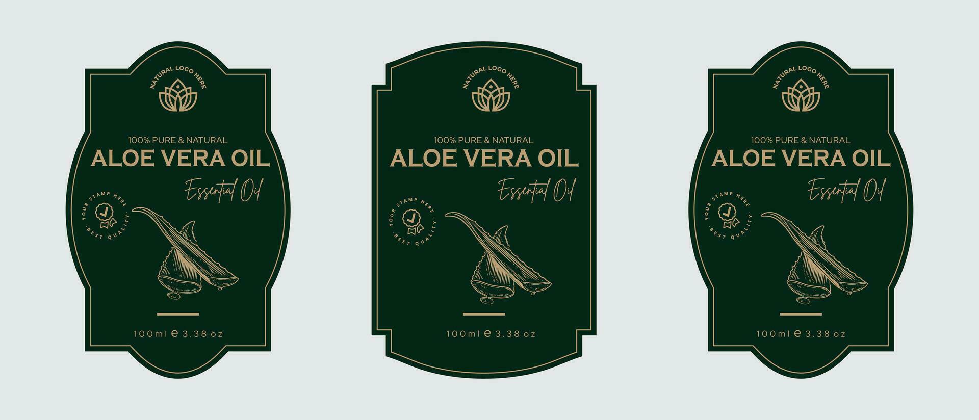 áloe vera petróleo etiqueta diseño cosmético productos etiqueta para piel cuidado y belleza, herbario ingredientes. etiquetas con bocetos, paquete emblema. verde oro prima vector ilustración.