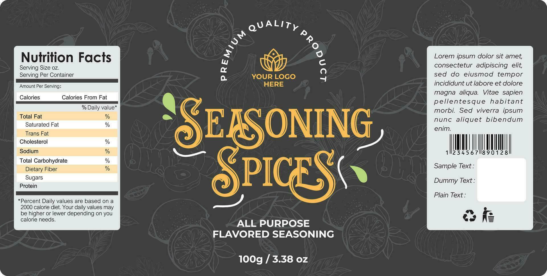 Spice Label Design Template. Seasoning herbs and spice packaging Design. Lemon, Cardamom, Garlic, pepper and mint organic spices product vector illustration. Luxury Spice Seasoning Jar Label Design