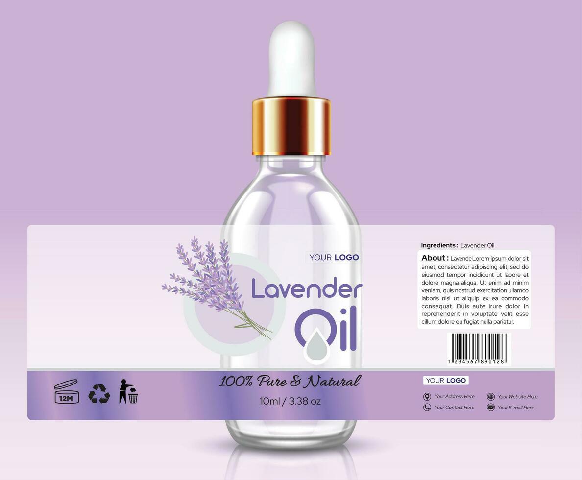 Lavender Essential Oil Label Design 3D illustration glass bottle with golden dropper vector