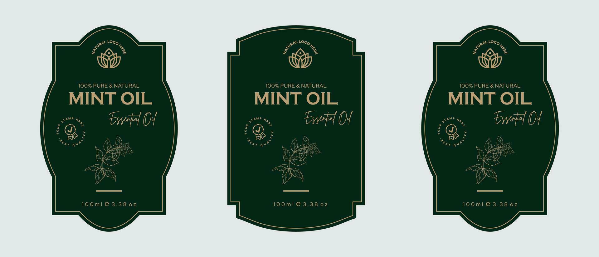 Mint oil label design cosmetic products label for skin care and beauty, herbal ingredients. Peppermint Labels with sketches, and package emblem. Green gold premium vector illustration.