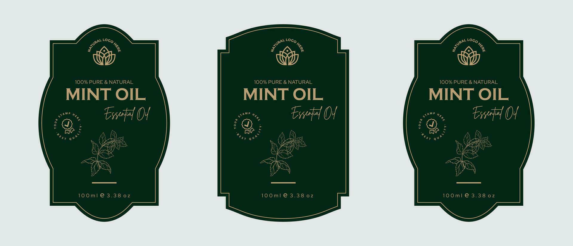 Mint oil label design cosmetic products label for skin care and beauty, herbal ingredients. Peppermint Labels with sketches, and package emblem. Green gold premium vector illustration.