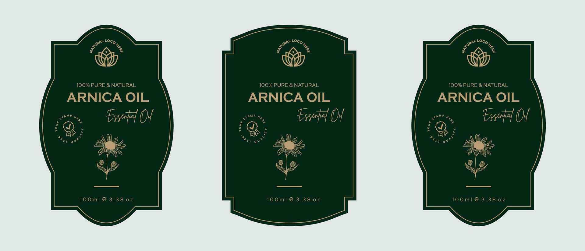 Arnica oil label design cosmetic products label for skin care and beauty, herbal ingredients. Labels with sketches, package emblem. Green gold premium vector illustration.