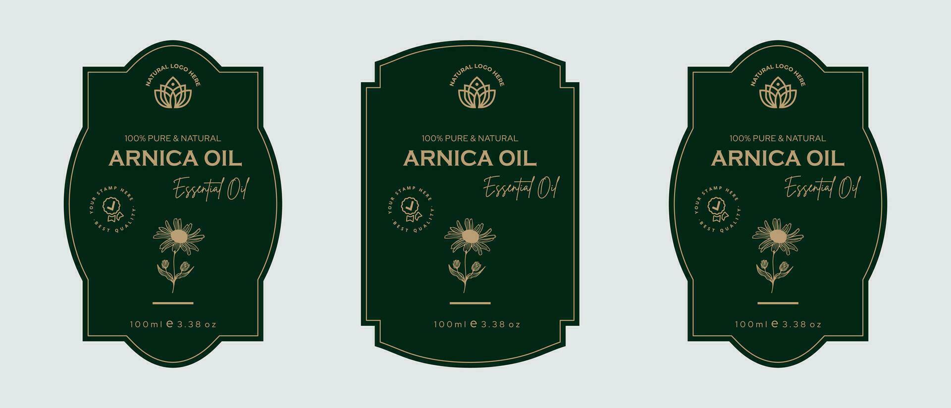 árnica petróleo etiqueta diseño cosmético productos etiqueta para piel cuidado y belleza, herbario ingredientes. etiquetas con bocetos, paquete emblema. verde oro prima vector ilustración.