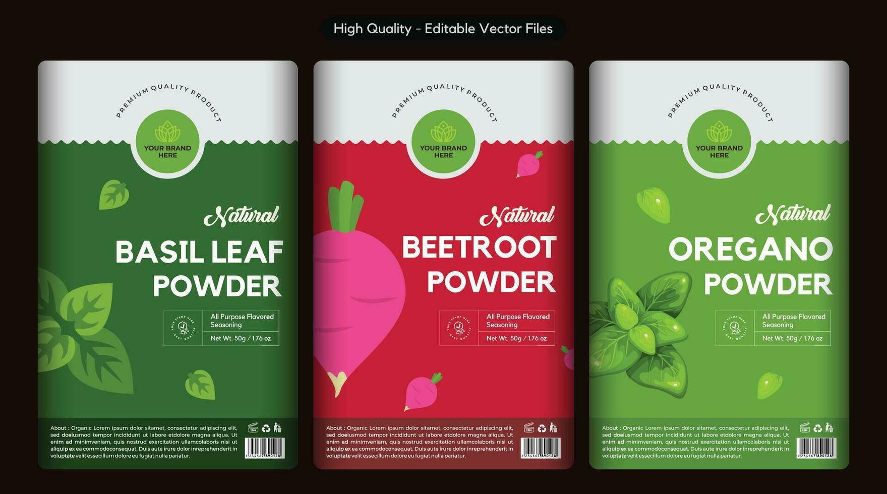 Basil powder beetroot powder oregano powder labels design, herbs label collection box design, spice seasoning label template vector. Abstract vector packaging design layout set with realistic shadow.