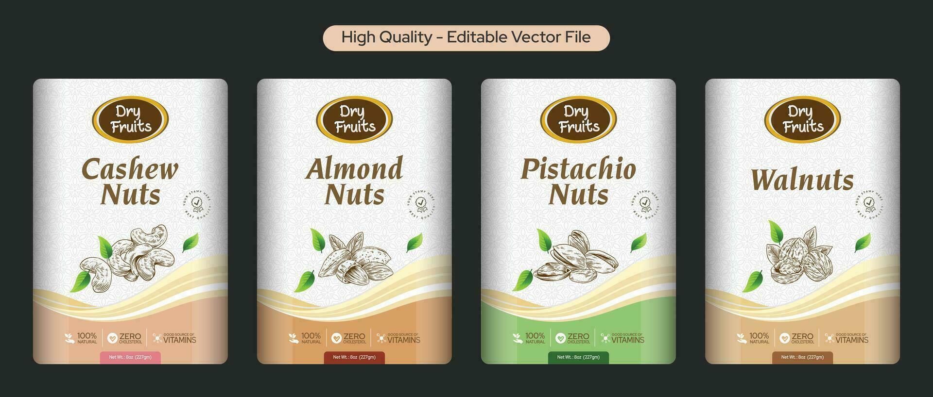 Dry fruit Packaging Design, Dry fruit Label Design, Dry fruit Box Design, Cashew nuts, Almond label, Pistachio, Walnut label design, Premium quality editable vector file illustration.