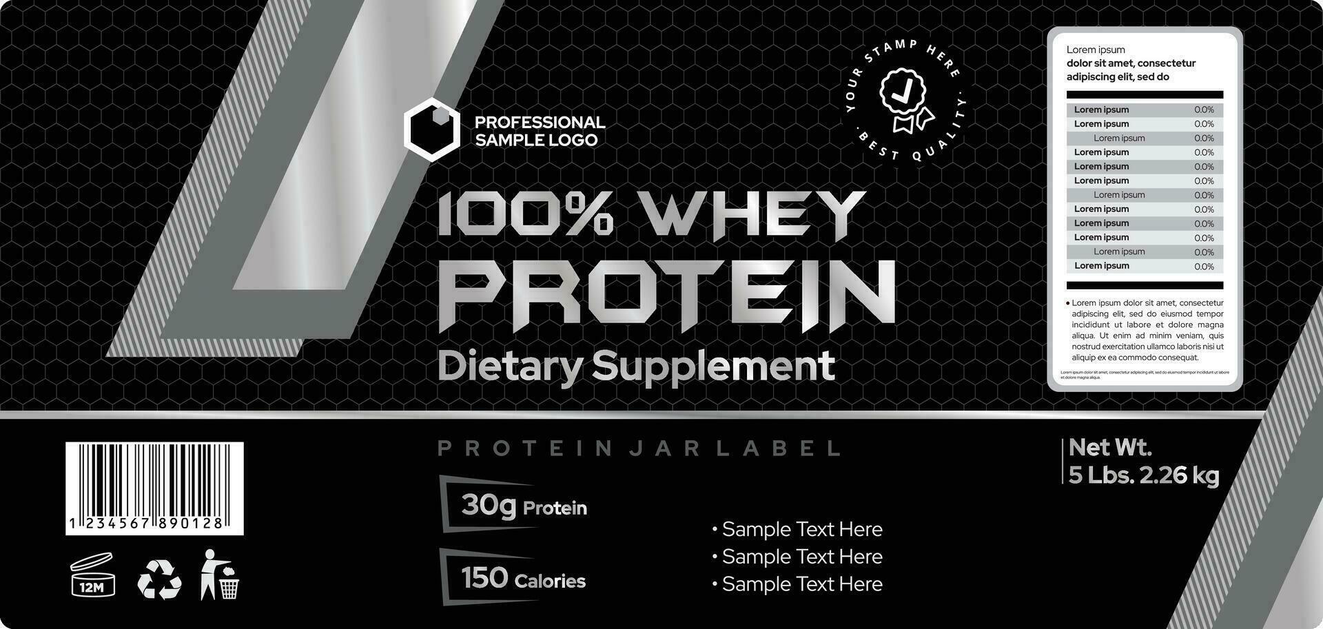 Whey Powder Protein Label Design, Dietary supplement label, Bottle label, Package template design vector