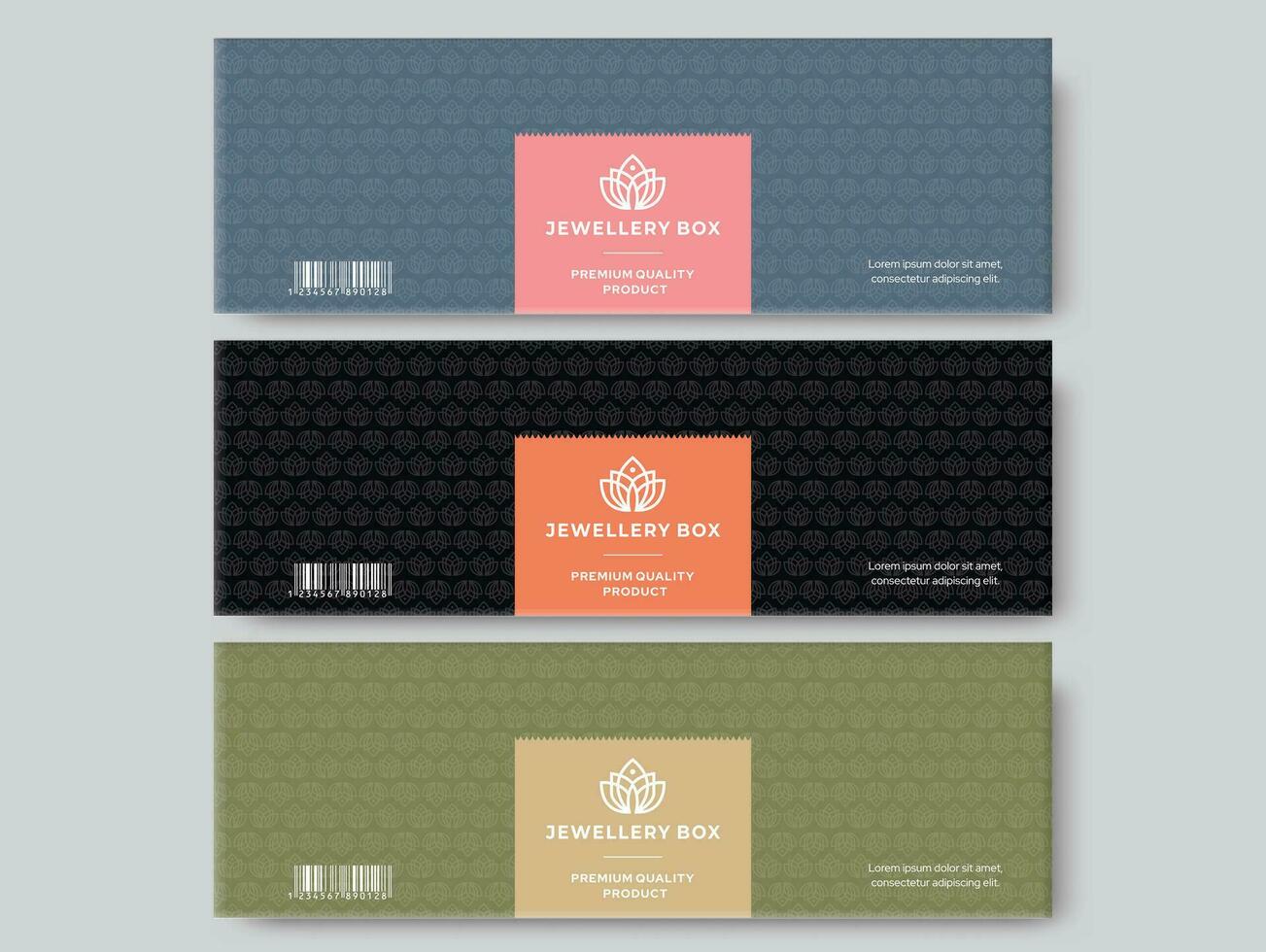 Jewellery label design set jewellery box design, diamond accessories banner illustration. Vector pattern for jewels - gold watches, ring box, silver necklaces packaging, premium luxury label templates