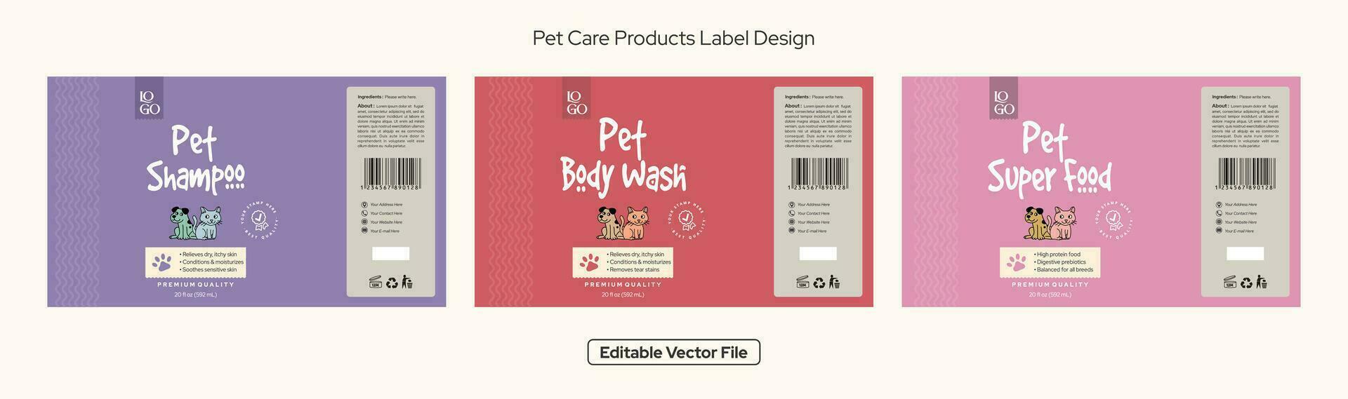 Pet shampoo label design, Pet body wash label design, Pet food label packaging design, dog shampoo, cat shampoo, Editable vector file illustration