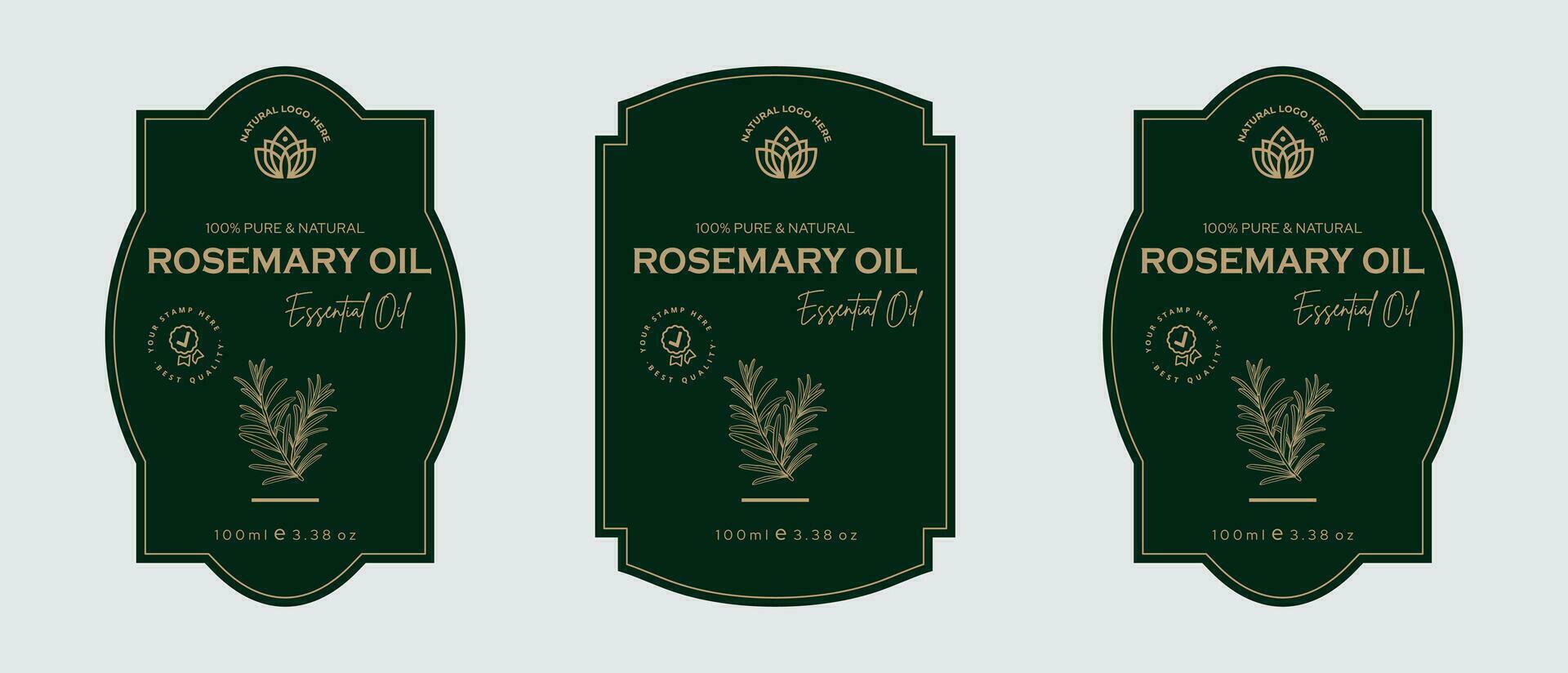 Romero petróleo etiqueta diseño cosmético productos etiqueta para piel cuidado y belleza, herbario ingredientes. Romero etiquetas con bocetos, y paquete emblema. verde oro prima vector ilustración.