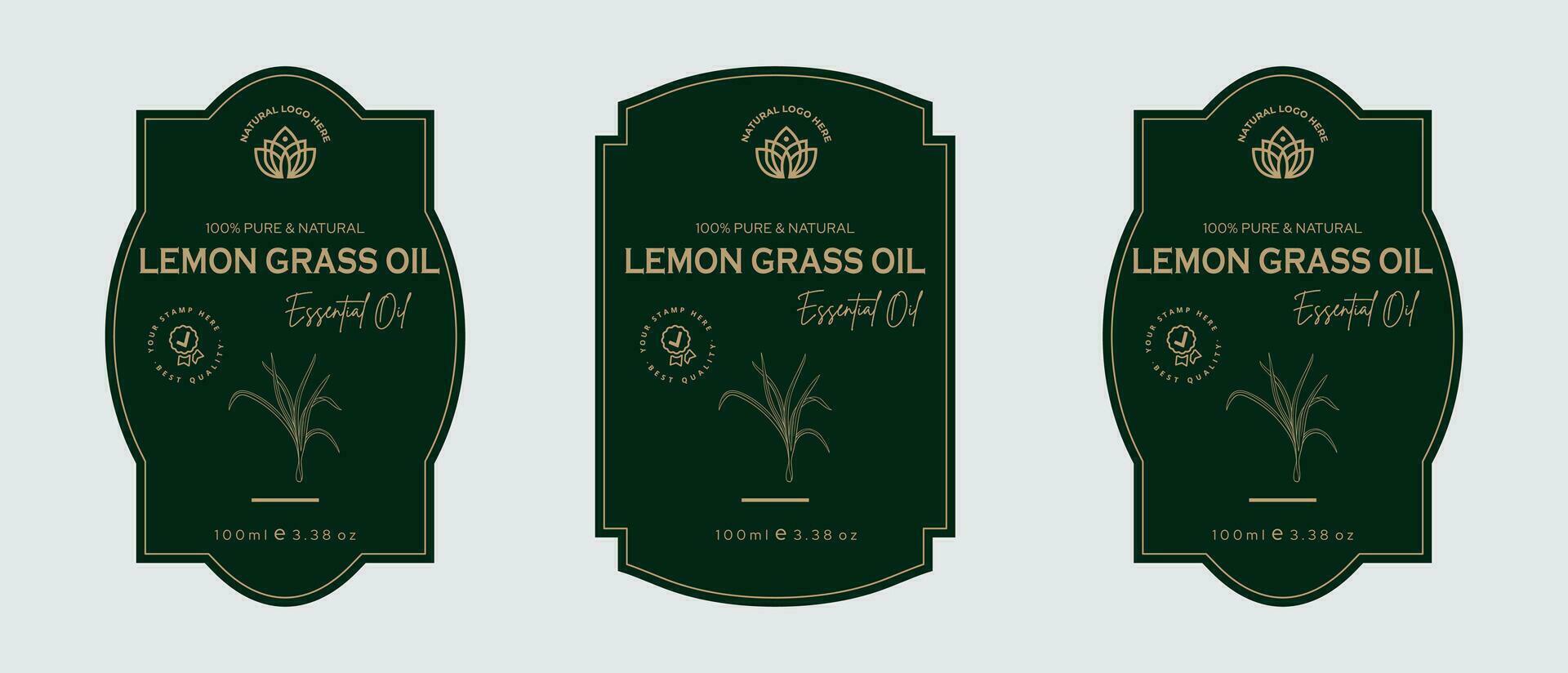 Lemon grass oil label design bug repellent label design cosmetic products for skin care and beauty, herbal ingredients. Labels with sketches, package emblem. Green gold premium vector illustration