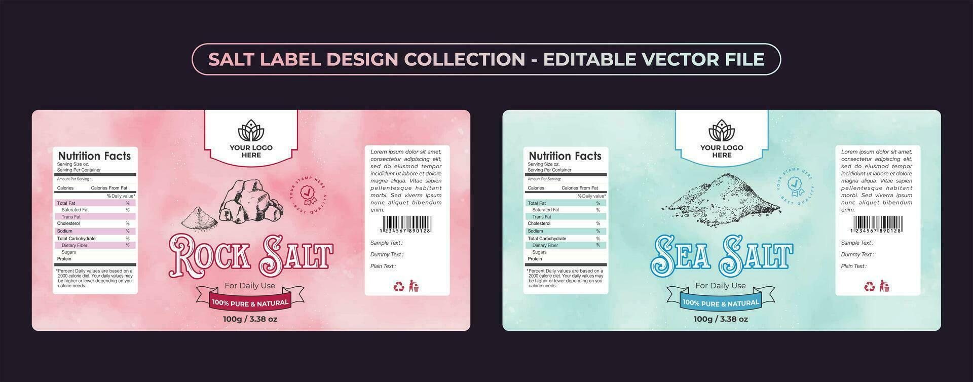 Salt label design sea salt iodized Himalayan salt rock salt for daily use jar label vector set collection