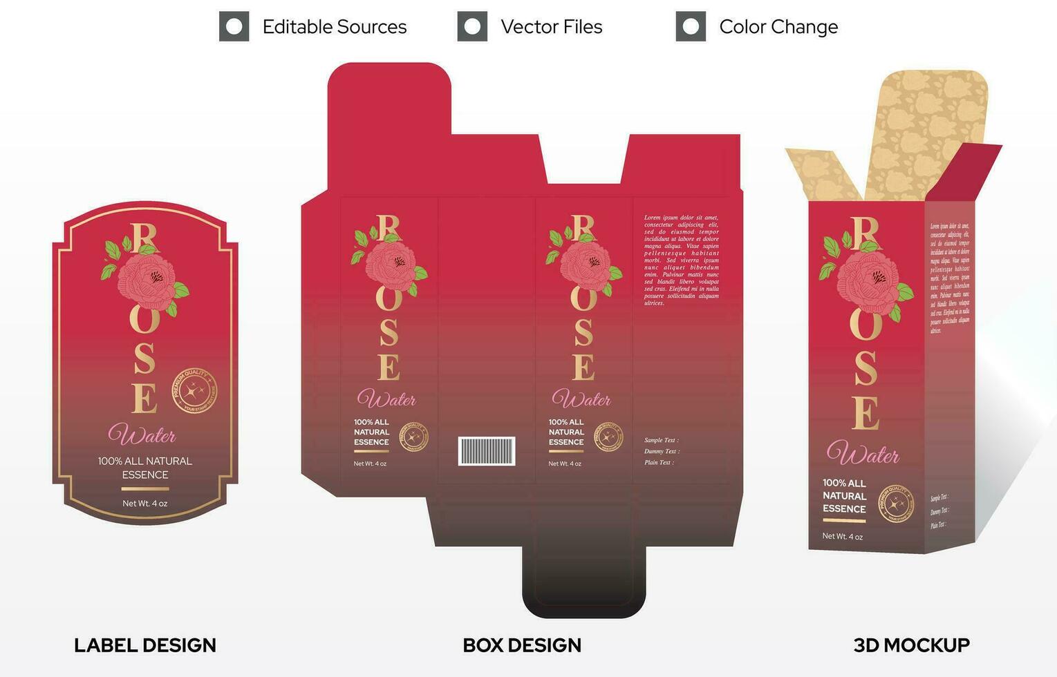 Rose water label design cosmetics with label and box packaging template design. Toner label packaging design and beauty salon products. Natural cosmetic floral water label design hydrosol package vector