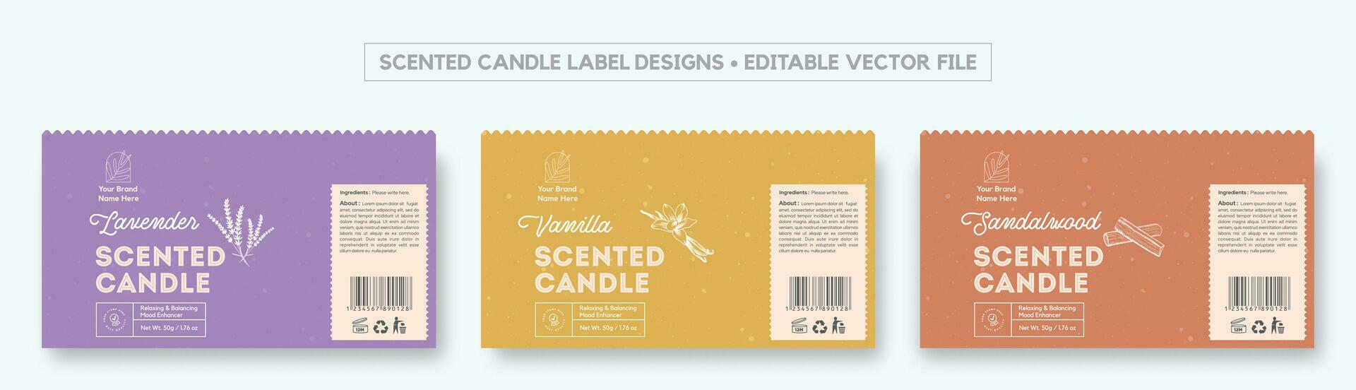 Candle Label Design Template Pastel Colors, Minimalist Scented Candle Label Packaging Design, Jar Label, Lavender Candle, Vanilla Candle, Sandalwood Fragrance Label Sticker Illustration vector