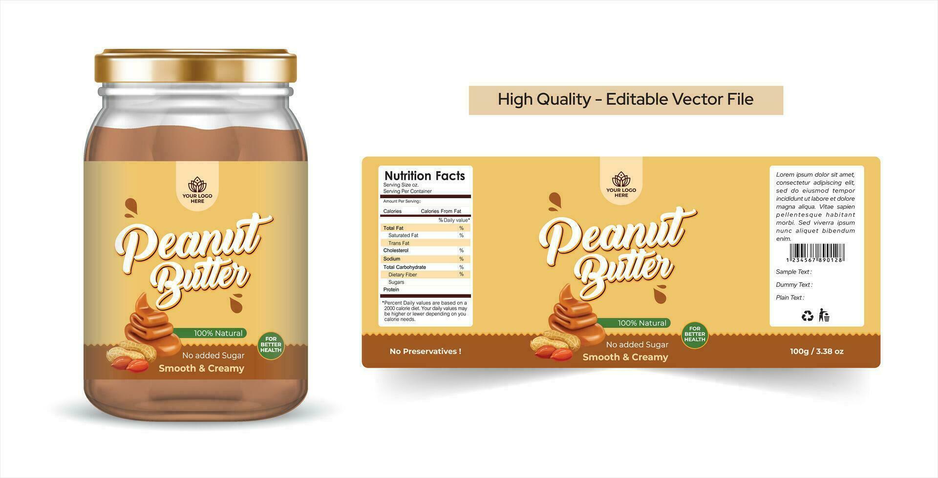 Peanut butter label design, Organic Peanut Butter Premium quality packaging design. Peanut butter label Illustration with realistic glass jar mockup. minimalist packaging template design editable file vector