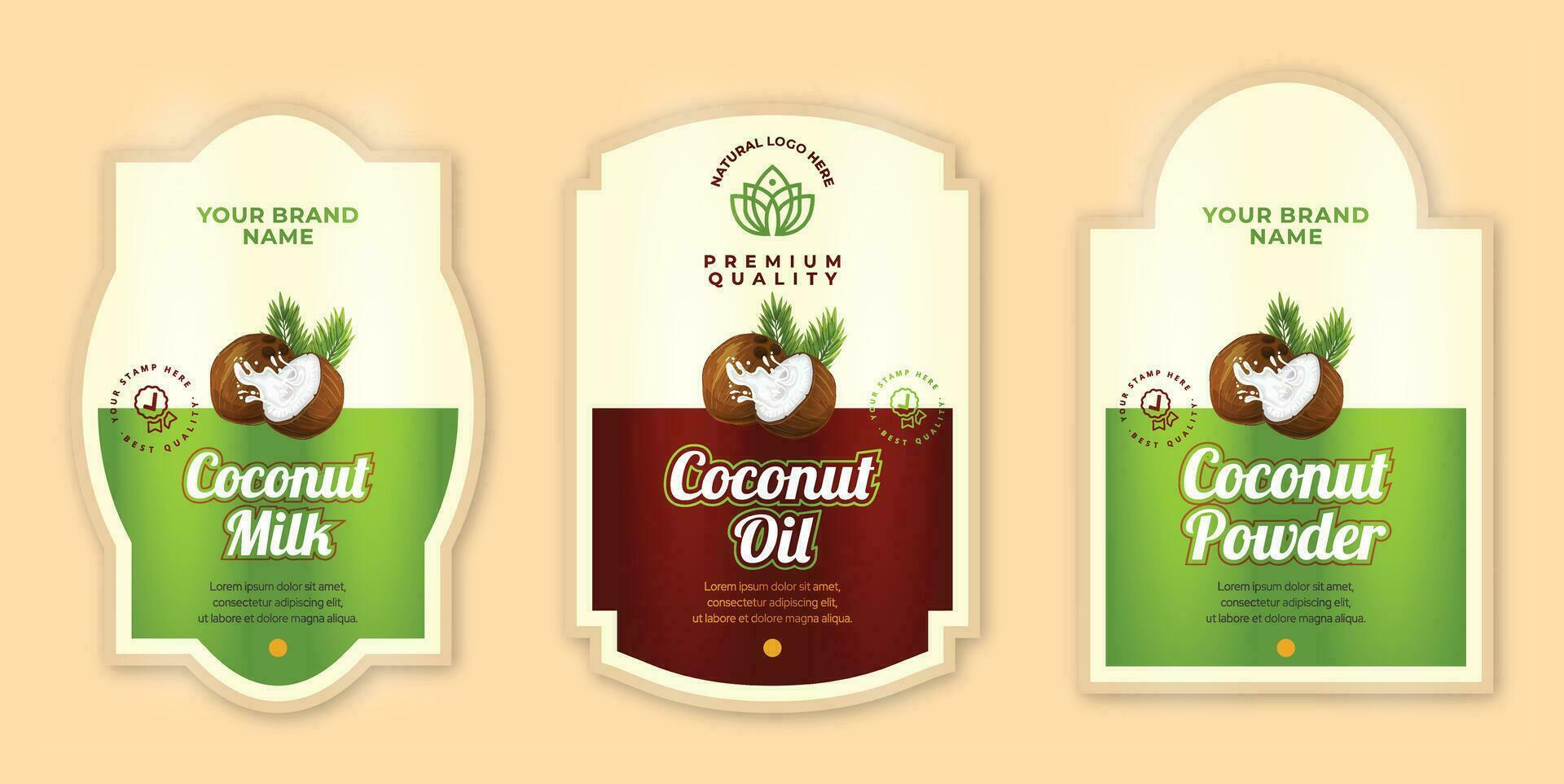 Coconut Oil Label Design, Virgin Coconut Oil Label Illustration Set, Coconut Milk Label Design, logo design, Vector Set of 3 Coconut Product Label Designs