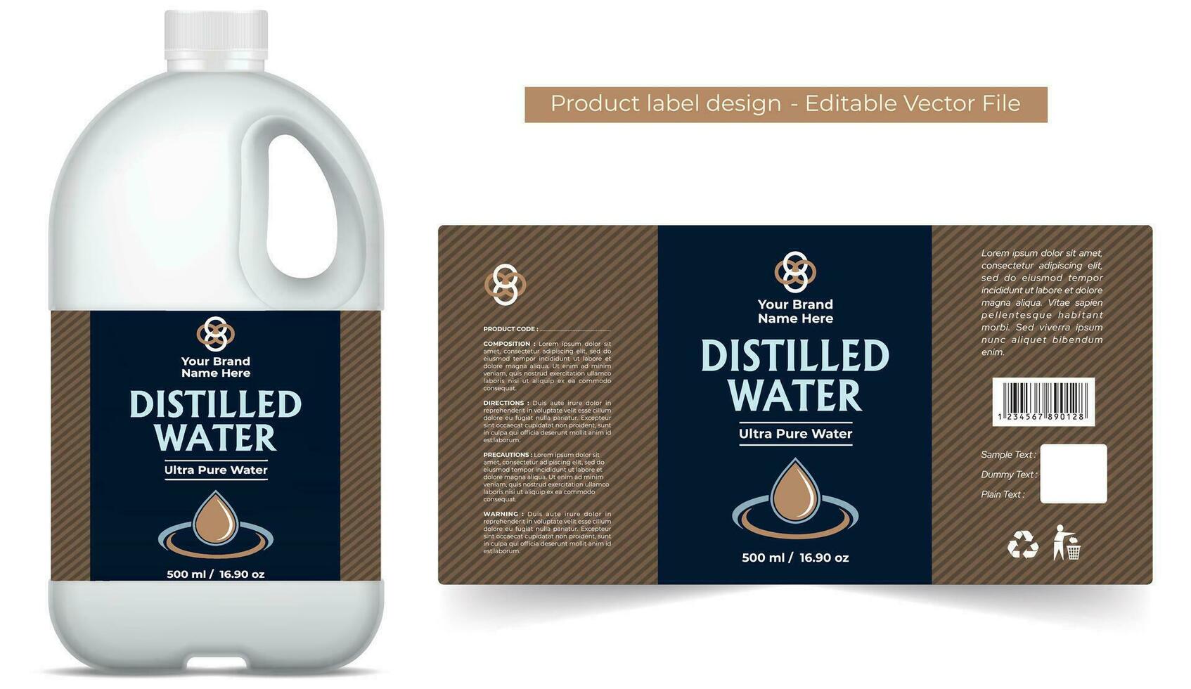 Distilled water label design, Pure water bottle packaging design, food and cosmetic water plastic can packaging design editable vector file
