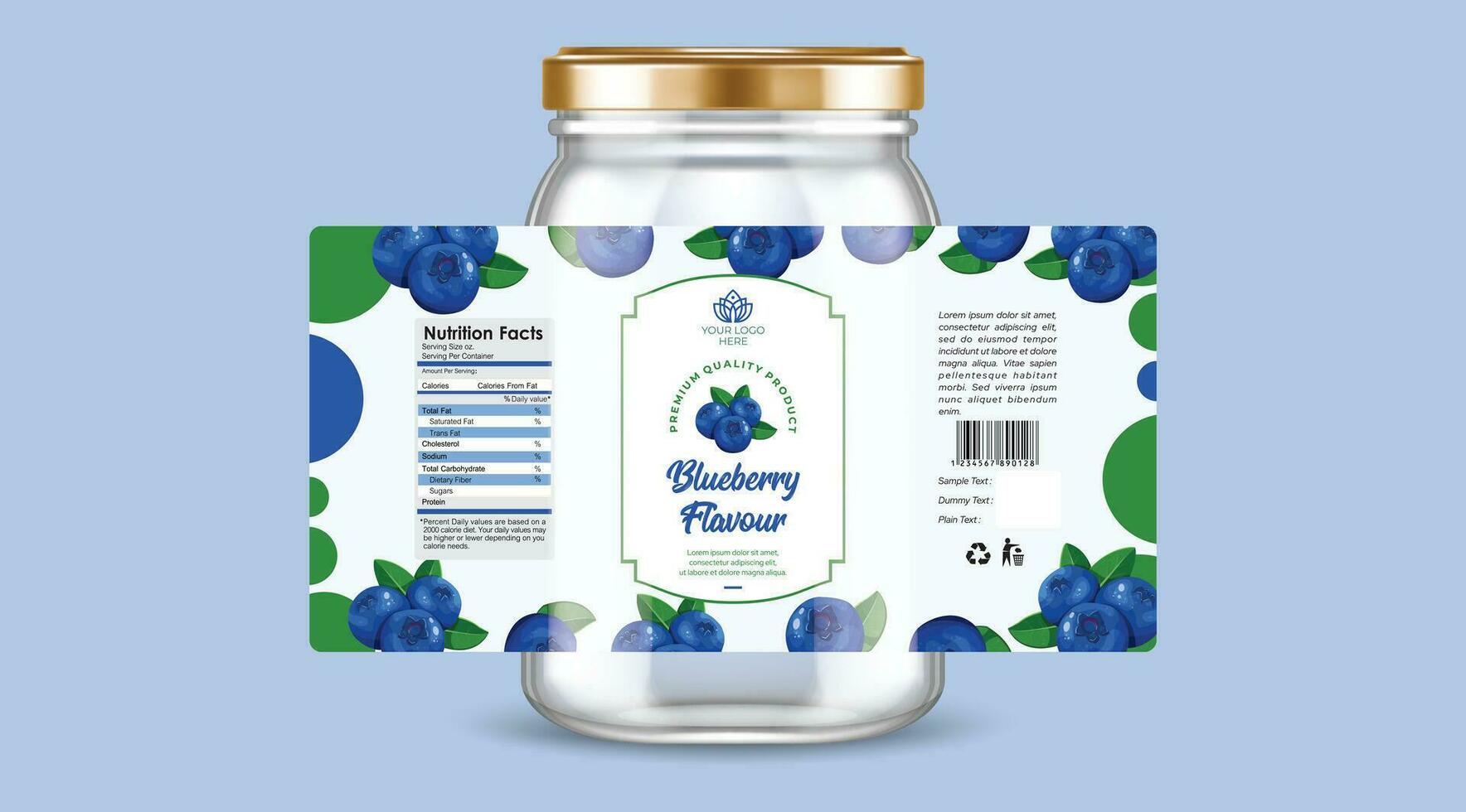 Blueberry flavor label design, Blueberry jar packaging, fruit jam label design, Blueberry flavor multivitamin candy label, Blueberry label with glass jar, and golden cap illustration. vector